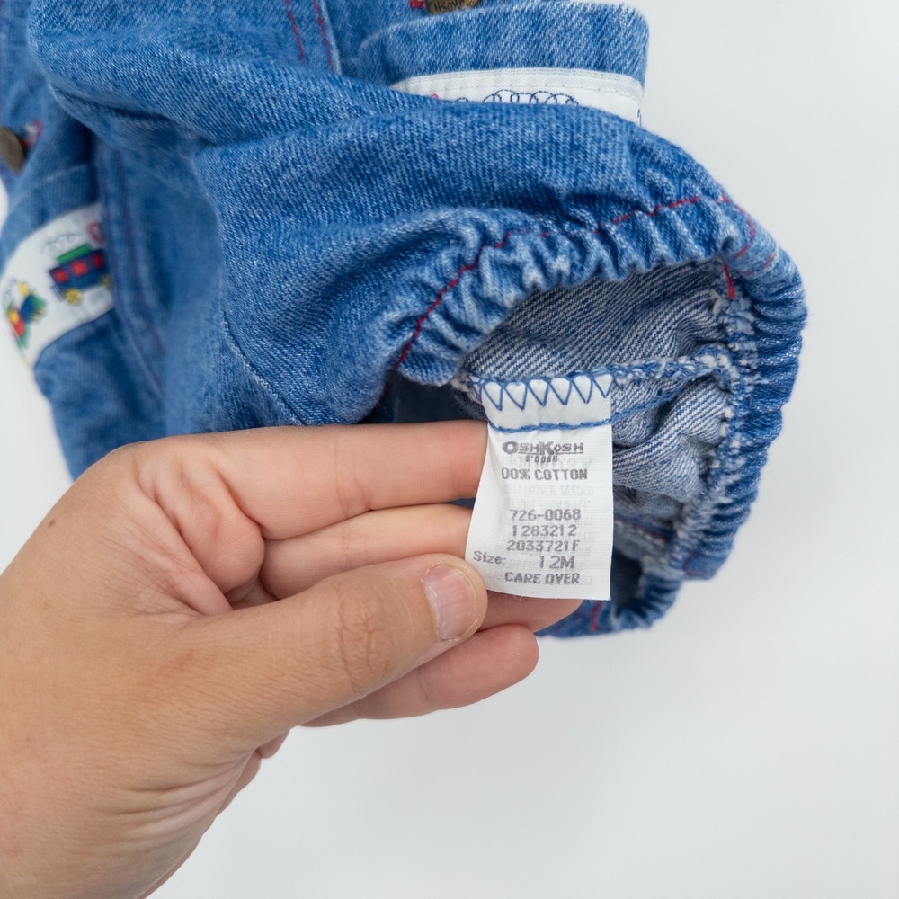 Vintage 90s OshKosh B'gosh Denim Bubble Overalls Baby 12M Train Vestbak Romper - Picture 7 of 10